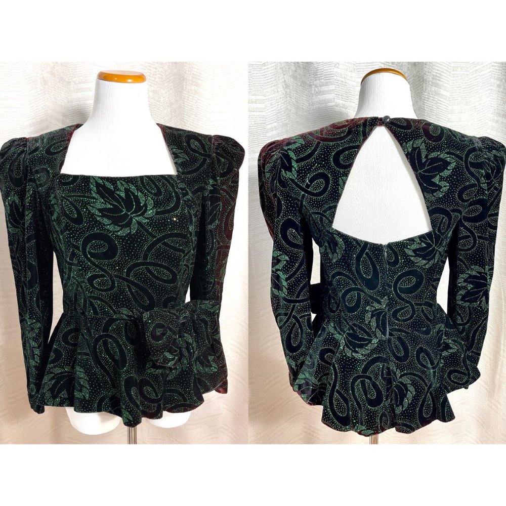 Vintage Patra 1980's Cocktail Velvet Backless Top with Paisley Sequin & Peplum